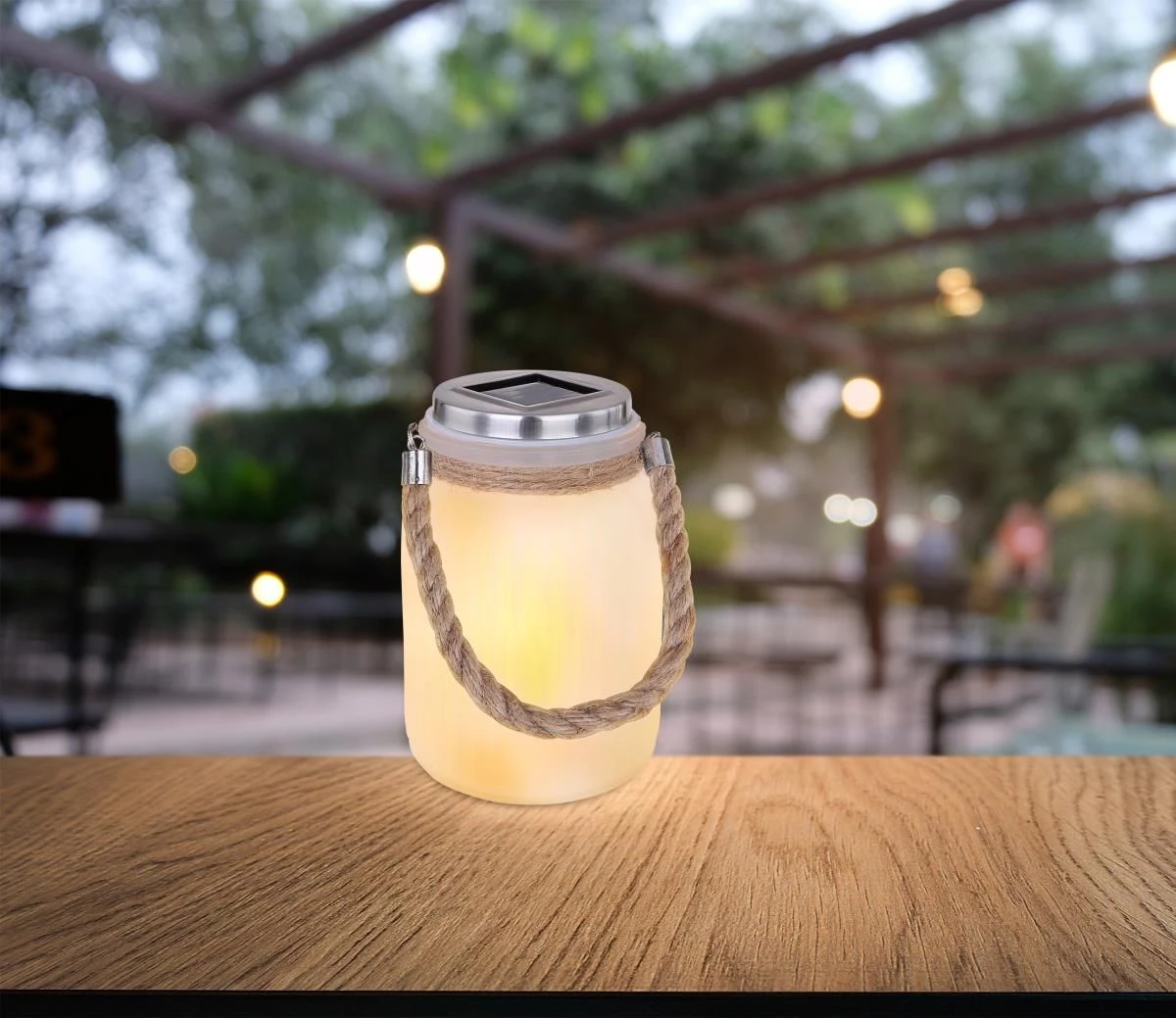 Solarglas Mit Kordel Satiniert LED Flackert Von Globo – Bild 4