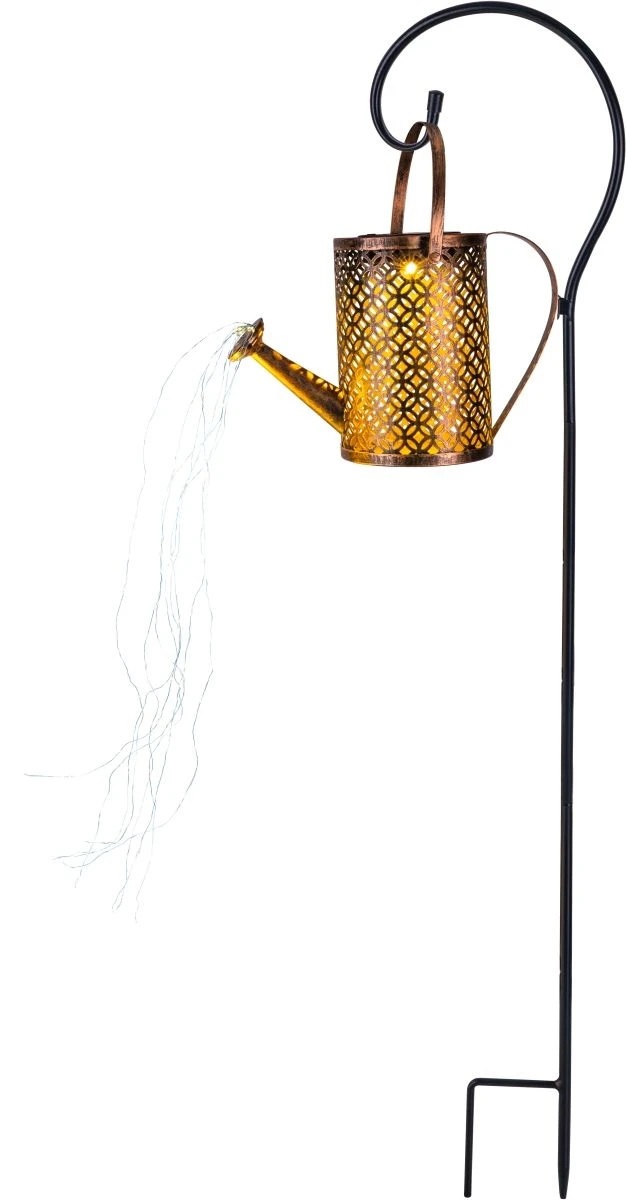 LED Solarleuchte Gießkanne Mit Lichterkette Auf Erdspieß Aus Metall Goldfarben 26x12,6x85cm Von Globo – Bild 4