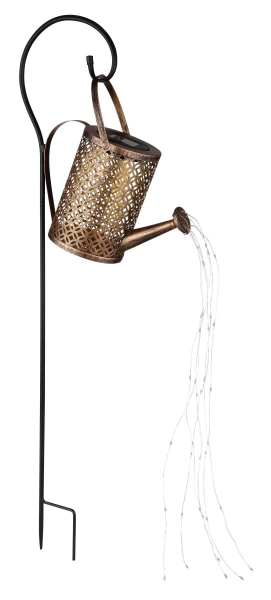 LED Solarleuchte Gießkanne Mit Lichterkette Auf Erdspieß Aus Metall Goldfarben 26x12,6x85cm Von Globo