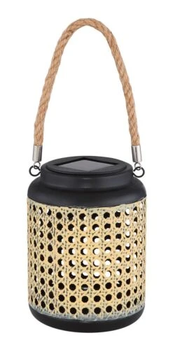 LED Solar Laterne Rund Aus Metall Schwarz Braun Mit Bambusseil 12x30cm Von Globo