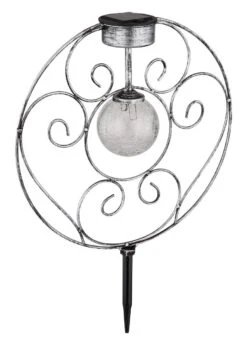 LED Solarleuchte Flache Scheibe Mit Dekorbögen Und Glaskugel Silber Antik 300mm Von Globo